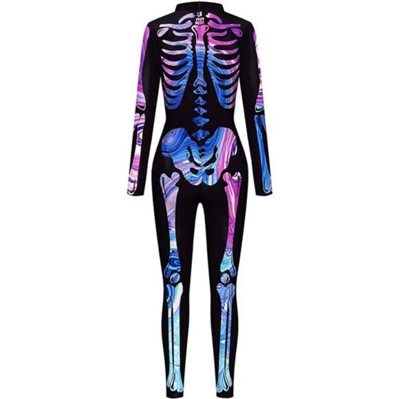 Womens Halloween Digital Skeleton‎ Tight One-piece Swimsuit Costume Zip-Back - Picture 4 of 5